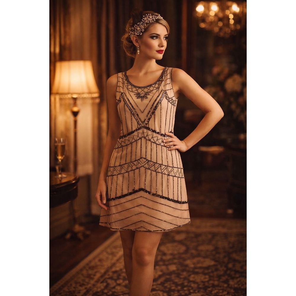 Forever 21 Beaded Flapper Dress M Nude Black Art Deco Gatsby 1920s NWT